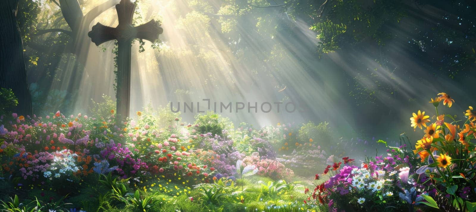 A serene garden scene highlights a decorated cross bathed in soft sunlight, surrounded by vibrant flowers. the tranquil atmosphere and lush greenery evoke a spiritual and peaceful ambiance, perfect for celebrating easter and reflections.