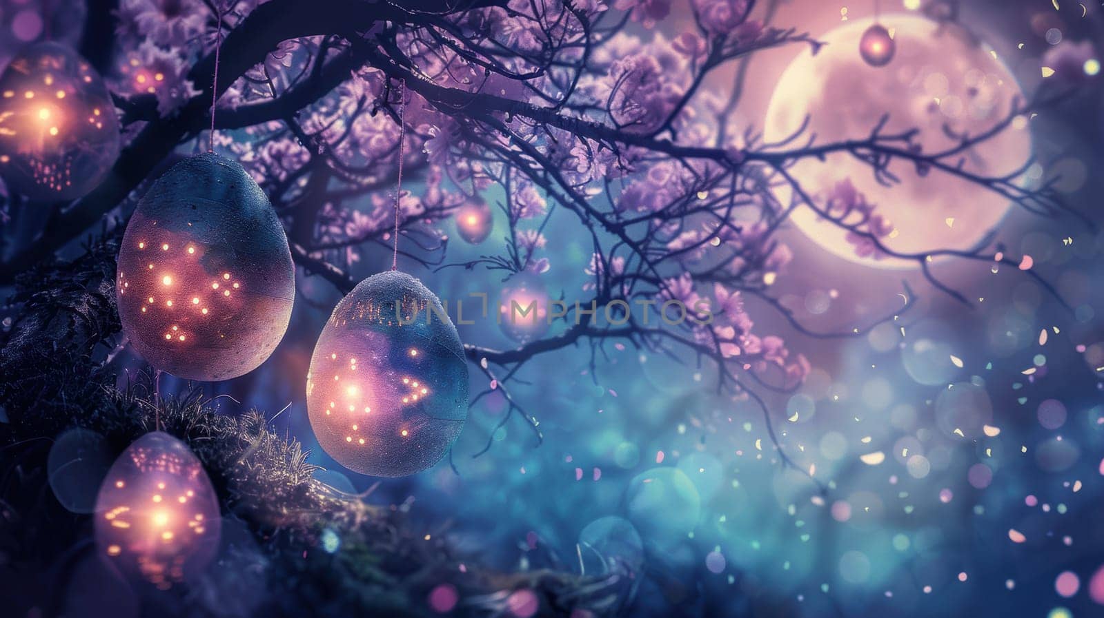 Whimsical easter fantasy scene with glowing eggs hanging from trees in a moonlit, dreamlike forest. soft lighting and magical ambiance create an enchanting, mystical atmosphere perfect for seasonal designs and creative projects.