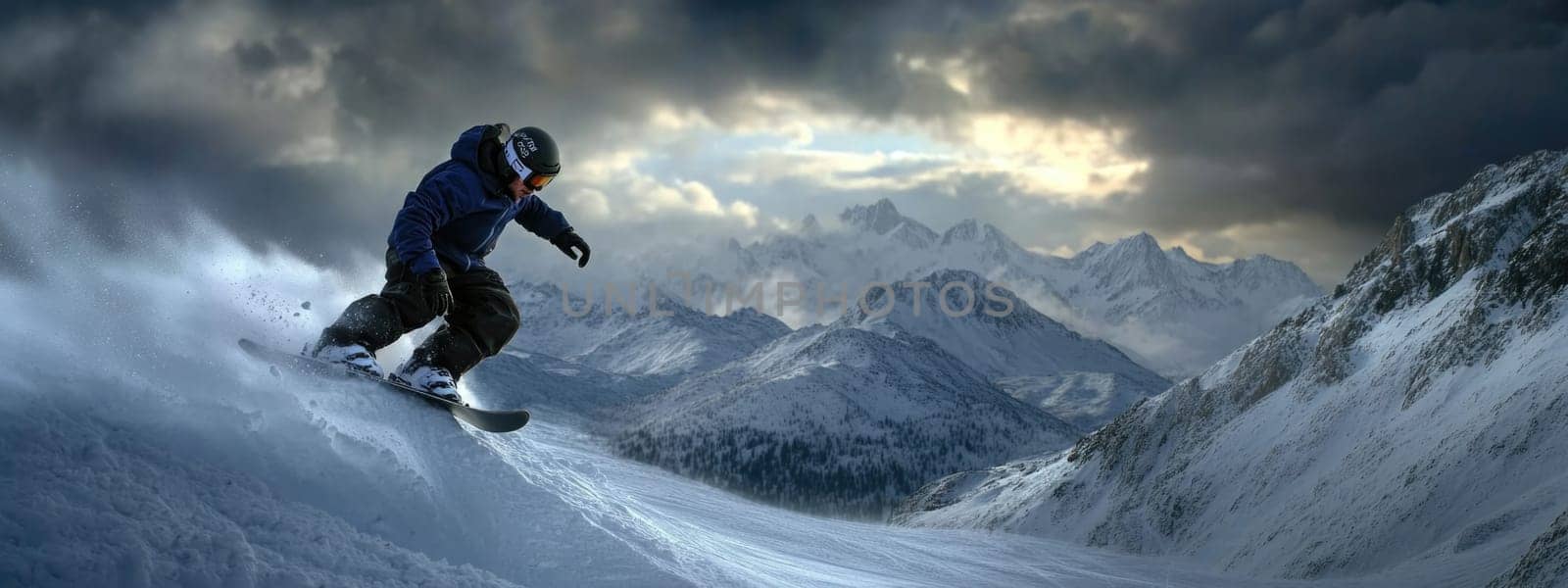Mountain descent: snowboarder carving through fresh powder in winter mountains, capturing essence of outdoor sports and exhilaration of gliding down pristine slopes under sky
