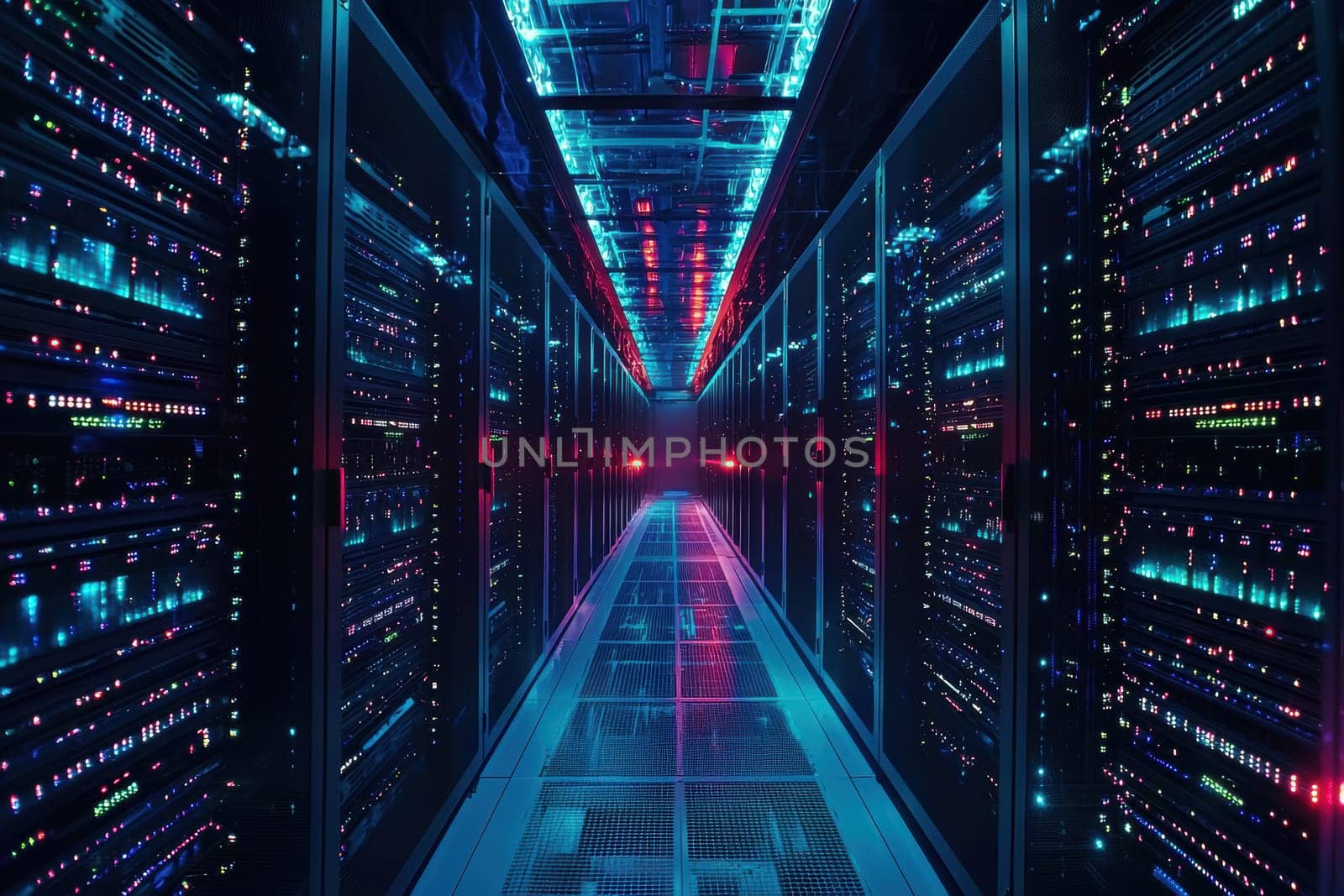 Rows of glowing servers line the interior of a high-tech data center, creating a futuristic atmosphere. the vivid lights and sleek design illustrate the seamless flow of data and the cutting-edge technology at work behind the scenes.