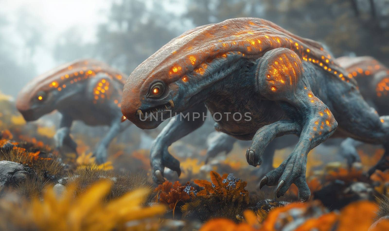 Running wild alien creatures on a blurred landscape. Selective focus.