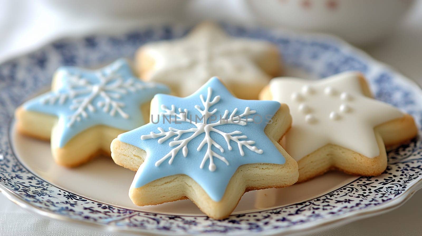 Delightful Christmas themed cookies in festive star shapes, featuring blue and white icing with snowflake designs, perfect for holiday celebrations.