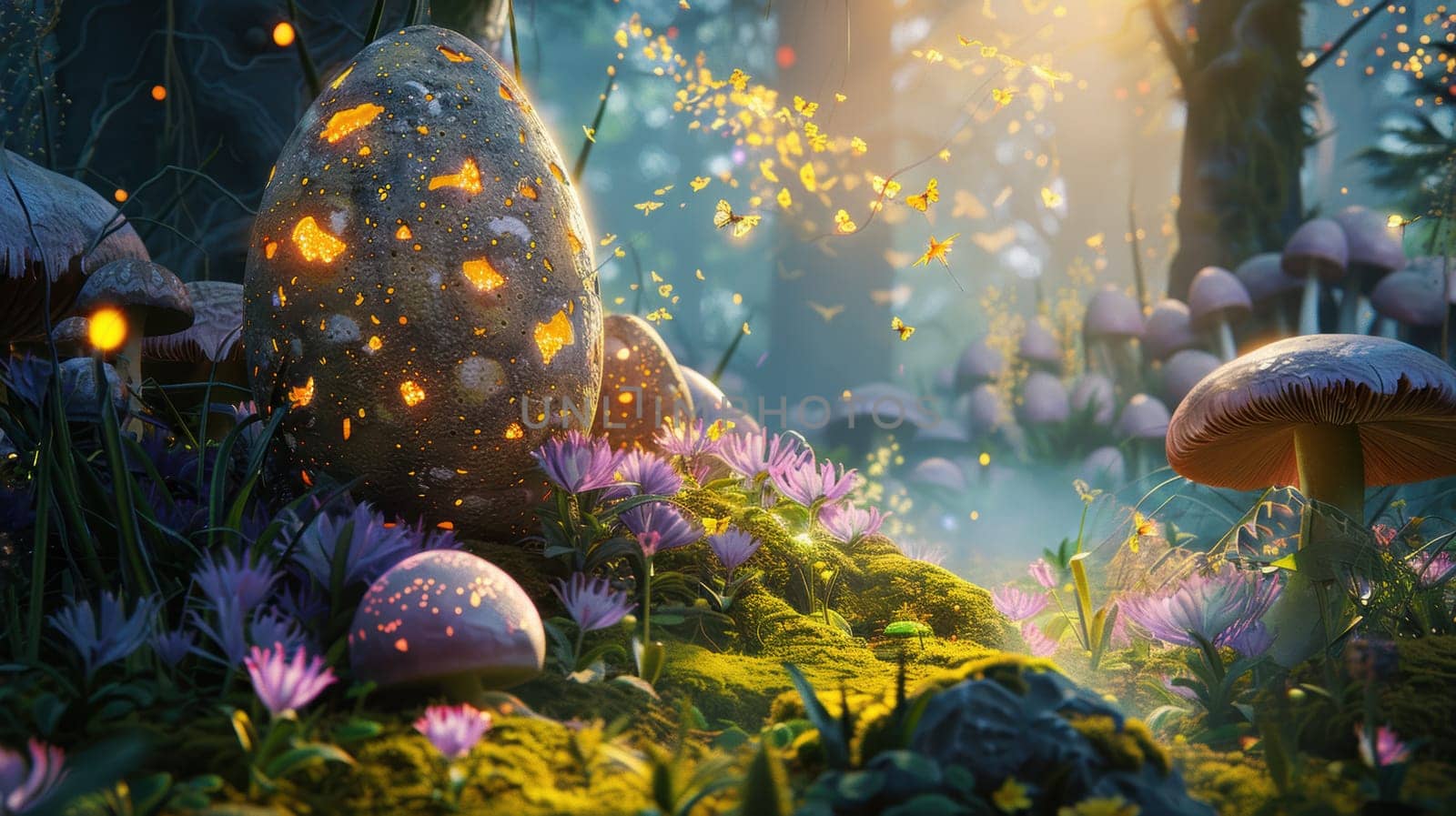 A whimsical easter background in a magical garden featuring giant glowing easter eggs among oversized mushrooms. soft twilight and flickering fireflies illuminate the scene, creating an enchanting and whimsical atmosphere.