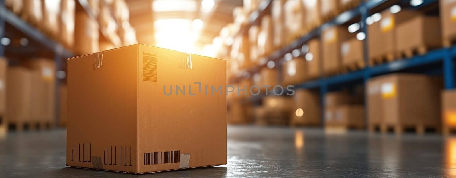 cardboard box in warehouse with stacked products and warm lighting creates sense of organization and efficiency.