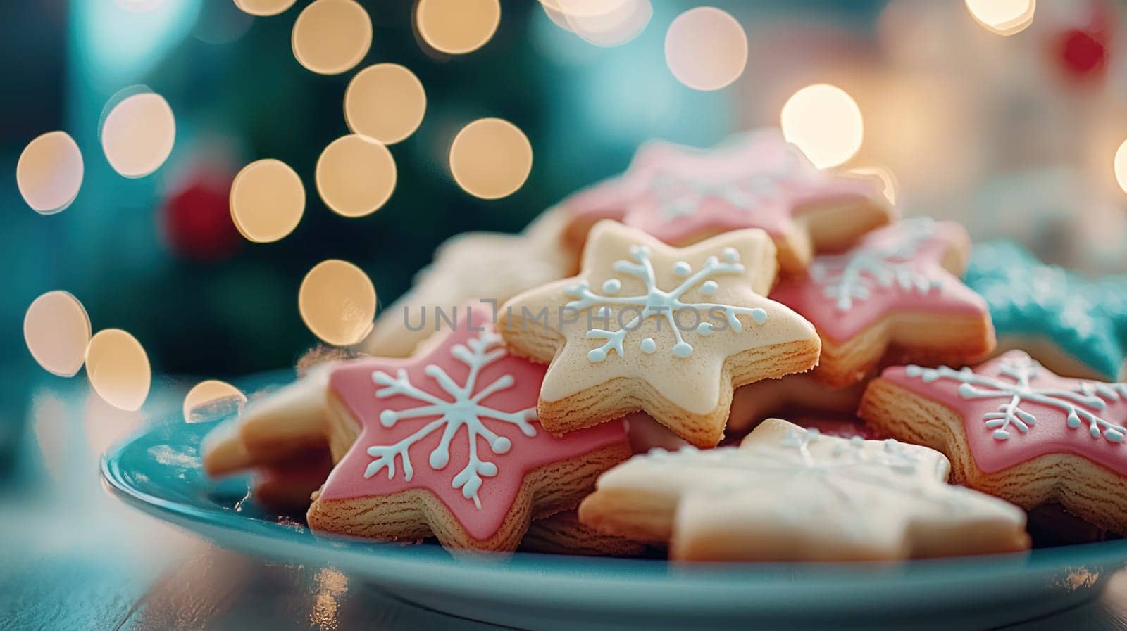 Delightful Christmas themed cookies in festive star shapes, beautifully decorated with icing, create warm and joyful atmosphere perfect for holiday season.