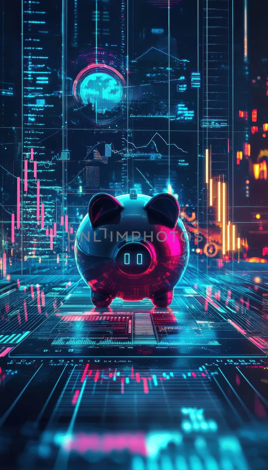 A sleek, futuristic piggy bank featuring a touch screen interface is surrounded by glowing financial data charts. this image symbolizes advanced financial management and technology integration in personal finance.