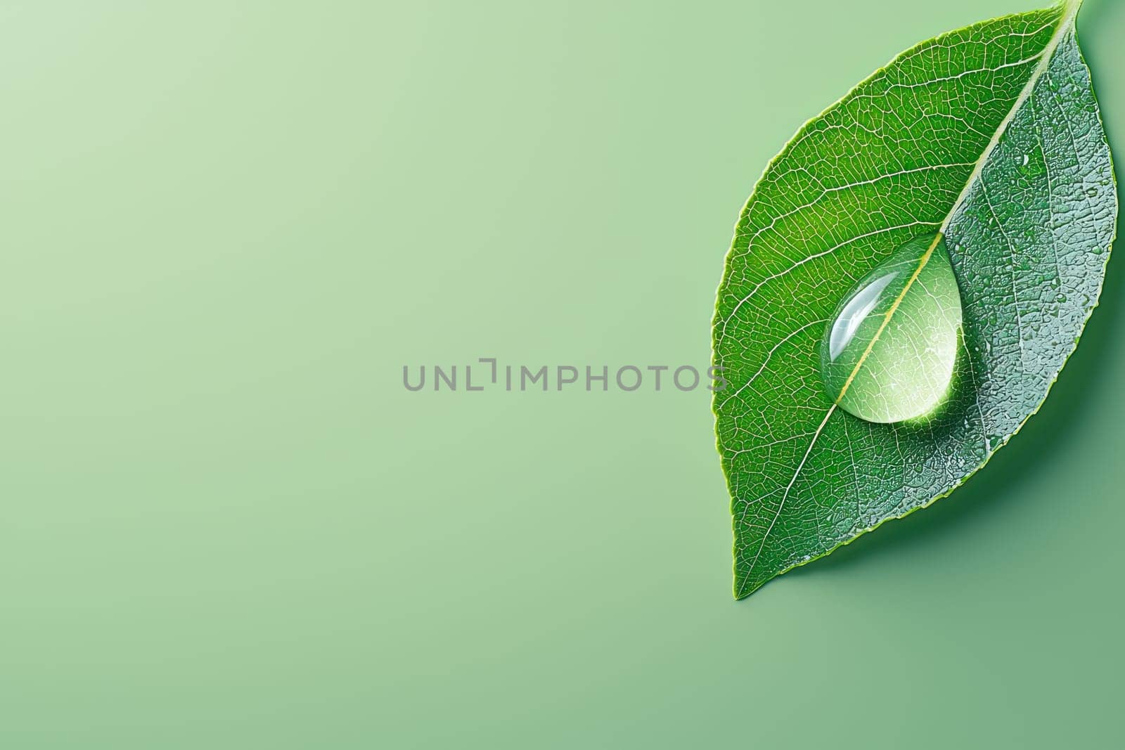 green leaf with water droplet, symbolizing nature beauty and freshness. vibrant colors evoke sense of tranquility and connection to environment.