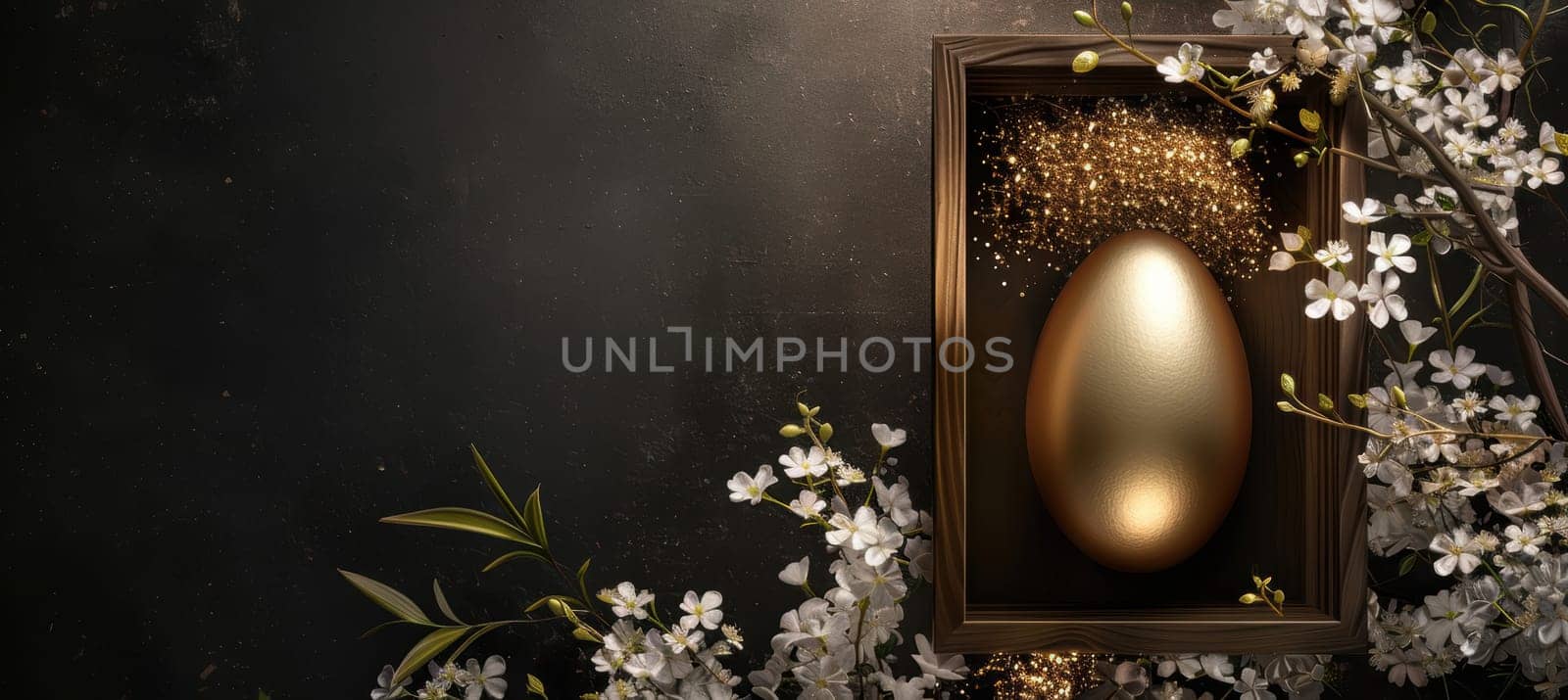 A sophisticated easter banner featuring a golden egg nestled in a polished wooden box, accented by delicate white flowers and elegant lighting. the dark background enhances the luxurious feel, providing ample space for customized text or branding.