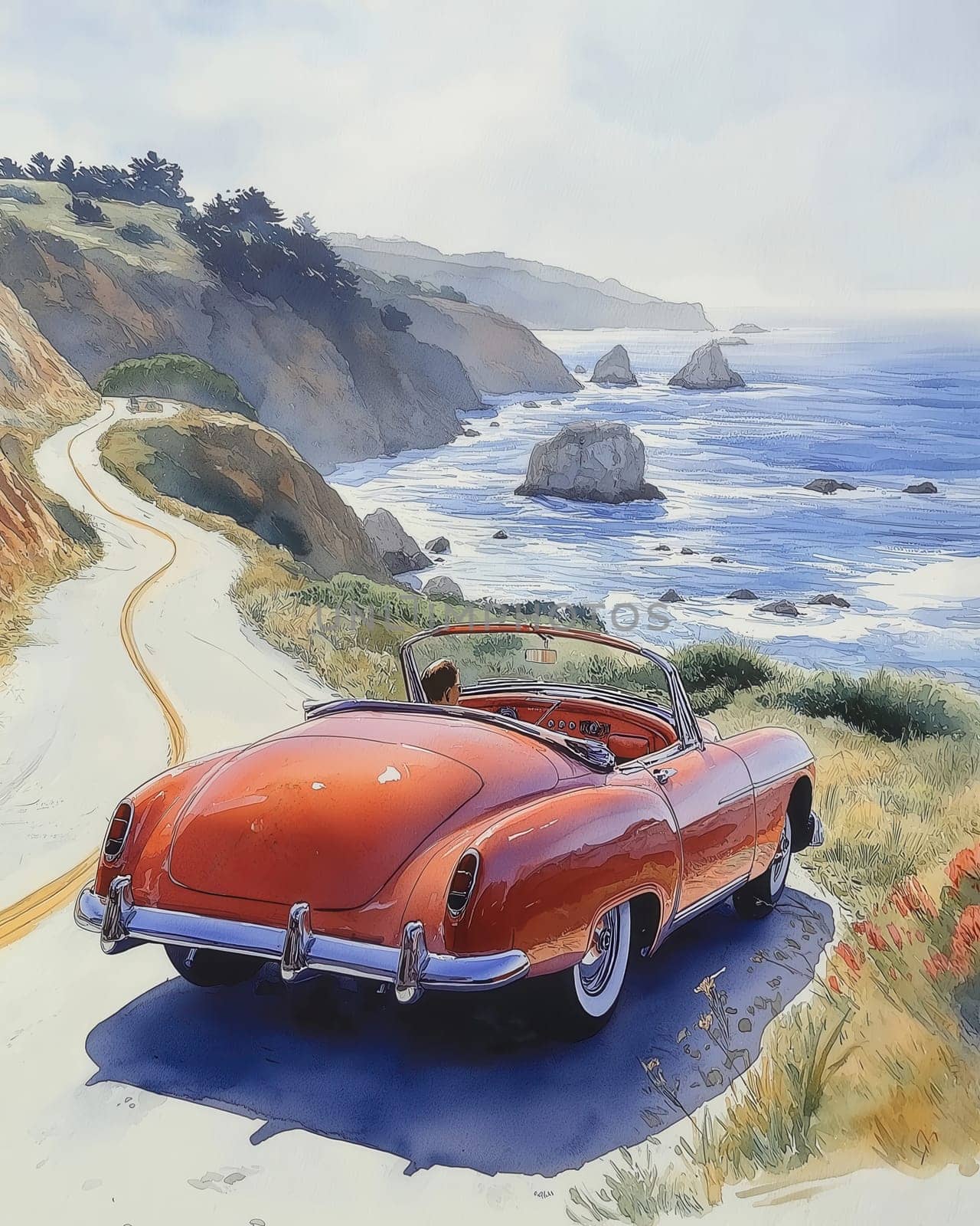 Watercolor of a vintage convertible driving along a winding road along the coast. Selective focus.