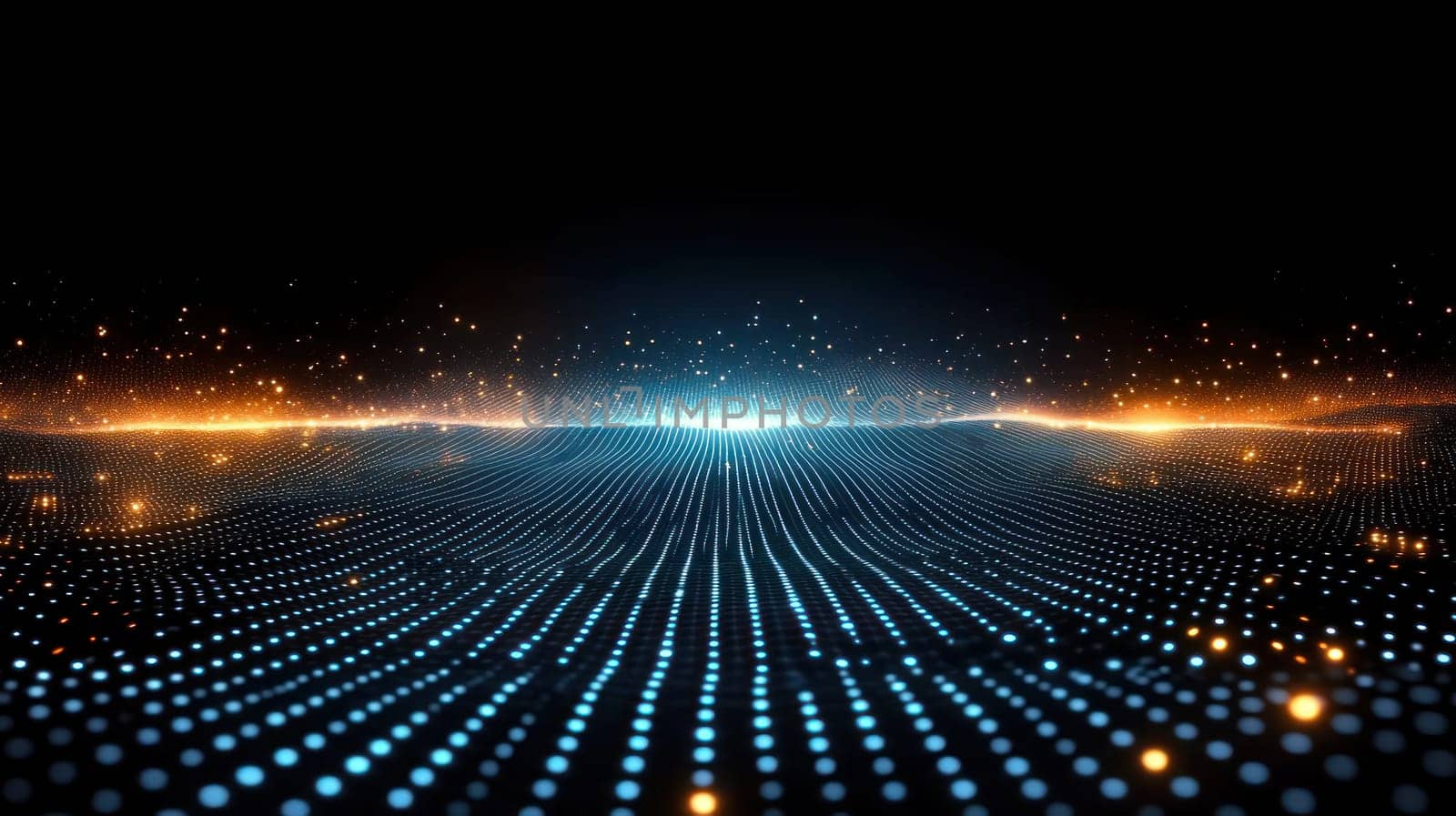 mesmerizing cyber inspired visual of luminous data particles creating dynamic landscape. vibrant blue and orange lights form stunning digital horizon, evoking sense of depth and movement.