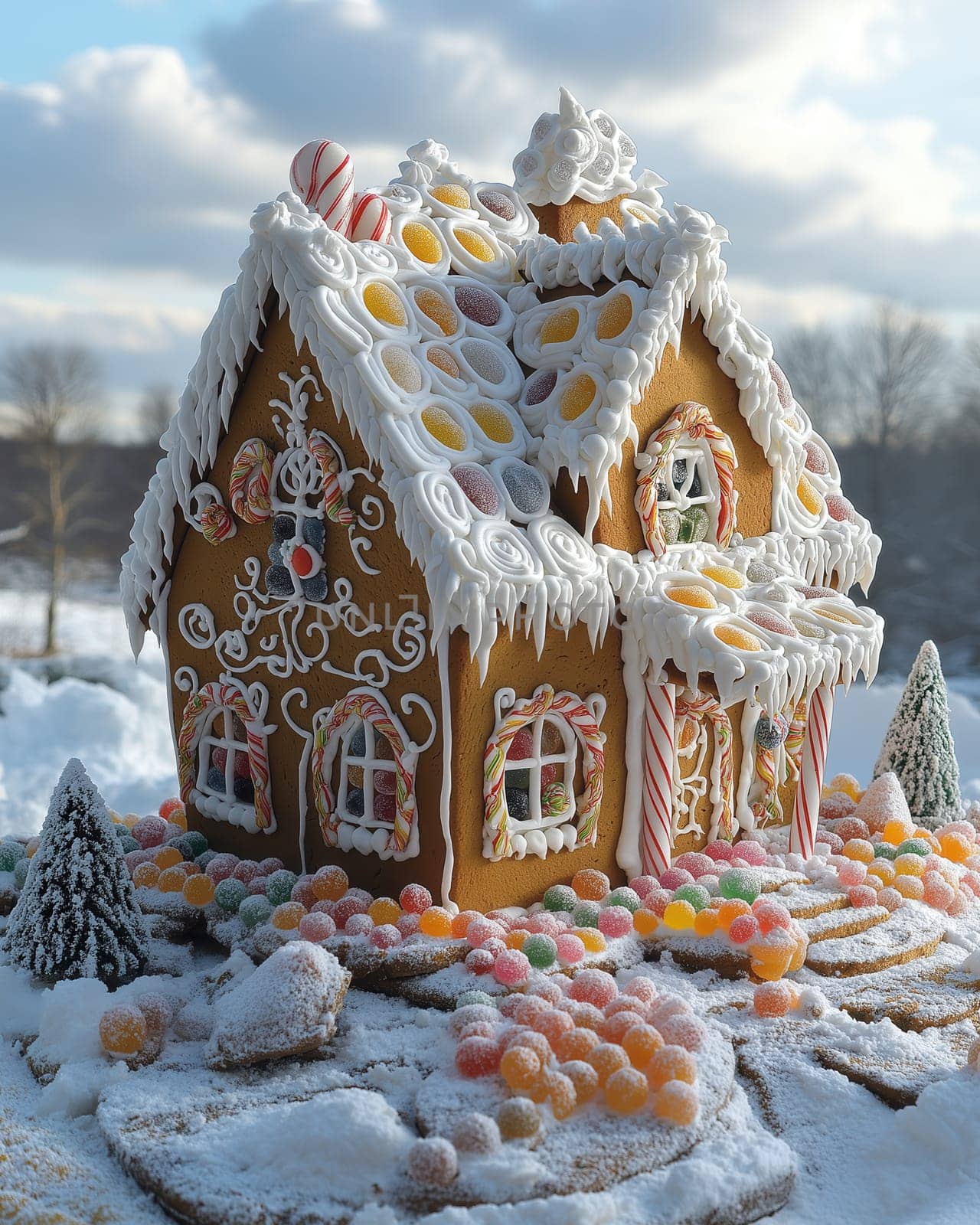 Christmas gingerbread house on an abstract background. Selective focus.