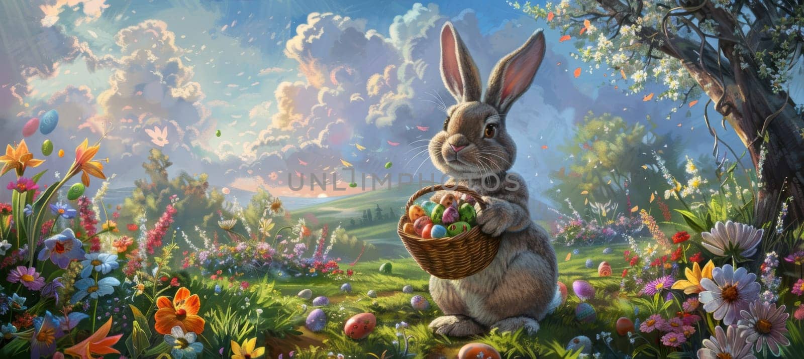 A charming easter scene featuring a large bunny holding a basket filled with bright eggs amidst a vibrant meadow. the playful landscape, adorned with colorful flowers and a blue sky, evokes the joy and celebration of the easter holiday.