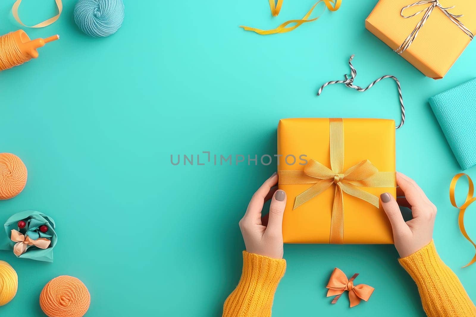 person holds beautifully wrapped yellow gift box with ribbon, surrounded by colorful yarn, ribbons, and crafting supplies, creating festive atmosphere.