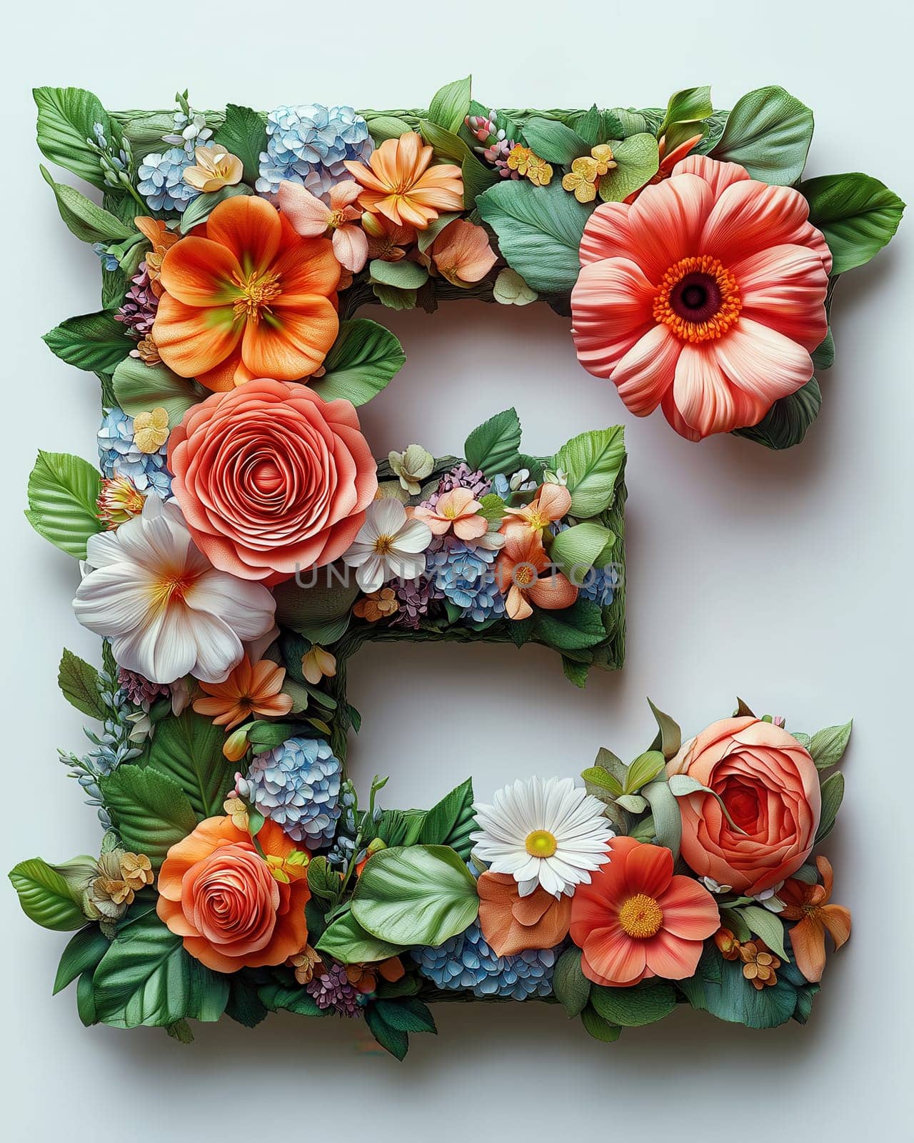 The letter E of colorful flowers on a white background. Selective focus.