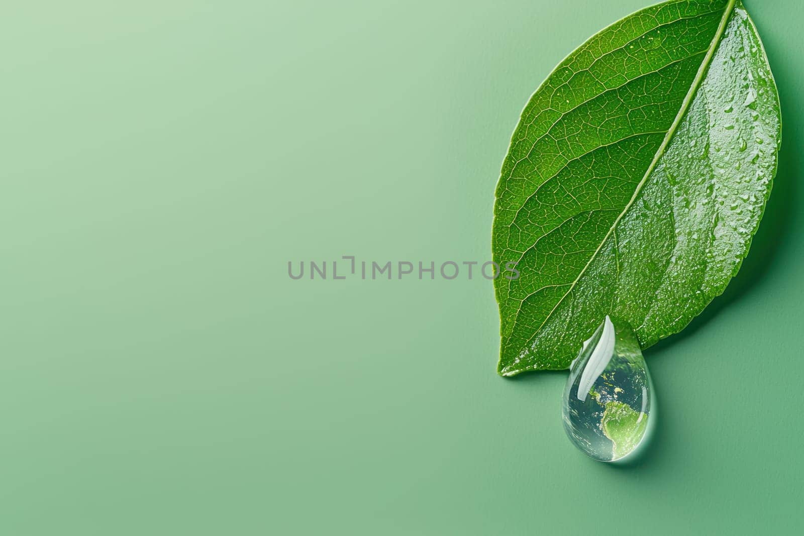 green leaf with water droplet reflecting Earth, symbolizing nature beauty and sustainability. vibrant colors evoke sense of freshness and tranquility.