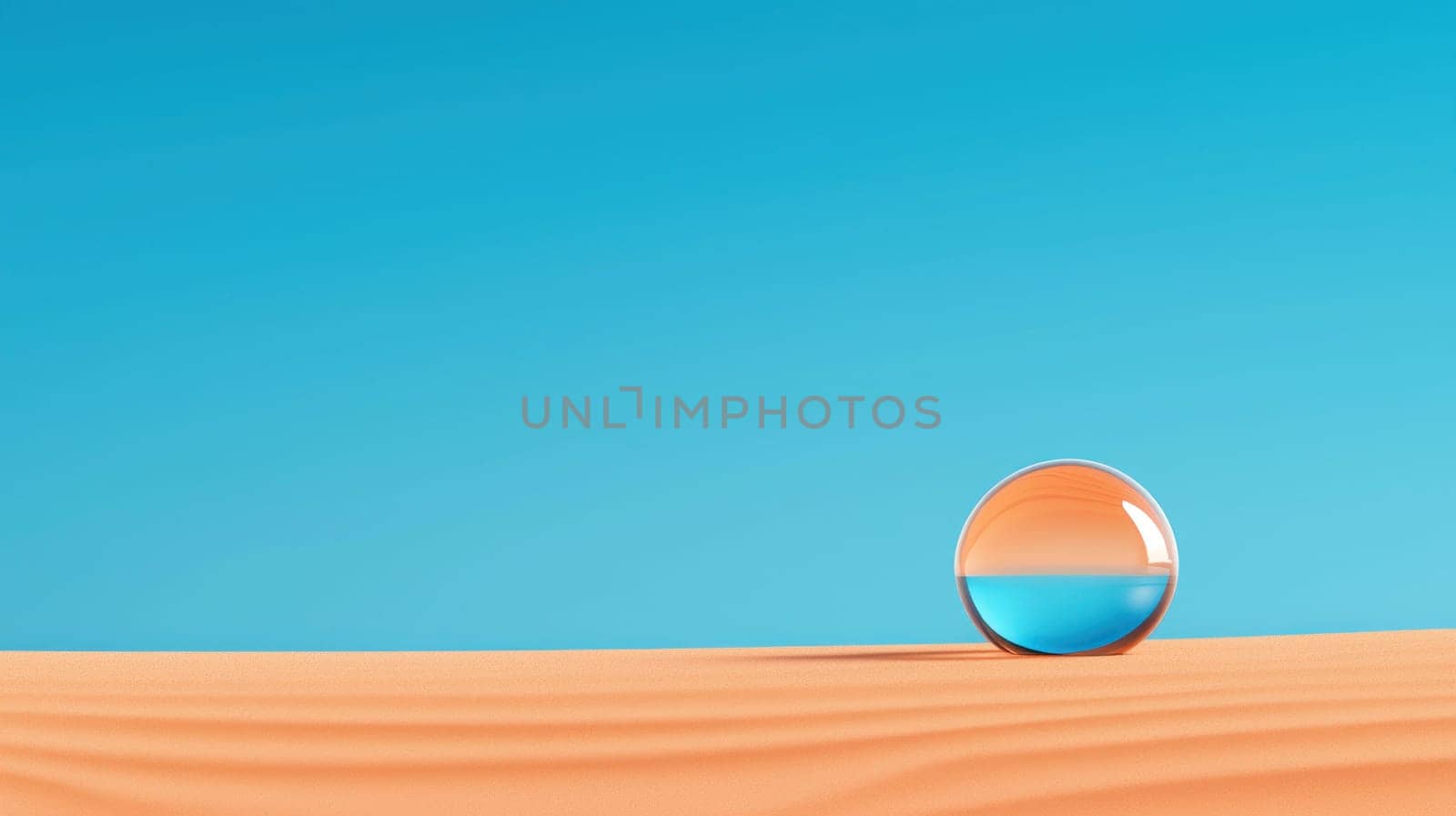serene desert landscape featuring single water droplet reflecting vibrant blue sky. contrast between warm sand and cool water creates tranquil atmosphere.