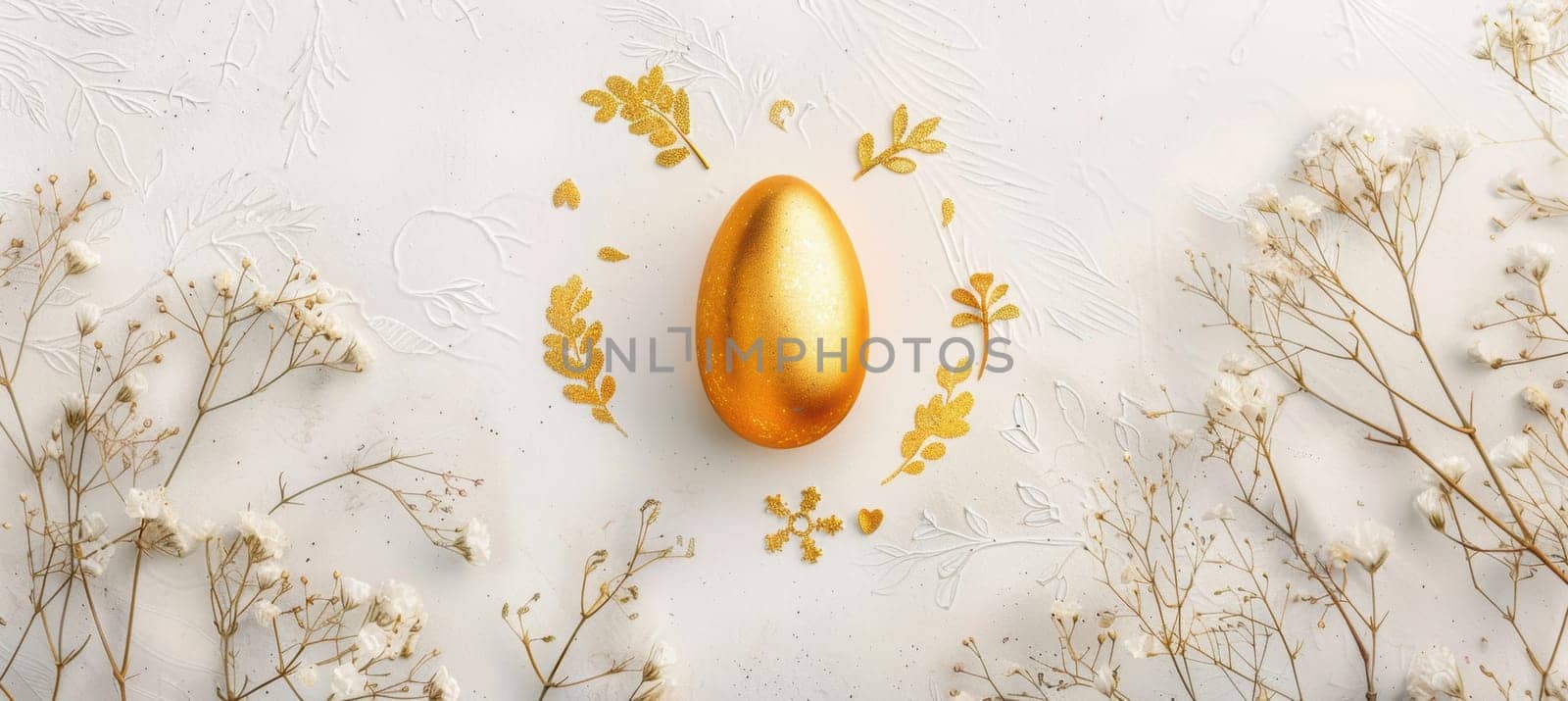 A minimalist easter card showcases a central golden egg on a white textured background, adorned with gold floral accents. surrounding the egg are delicate white florals, creating a clean, modern design ideal for elegant holiday prints.