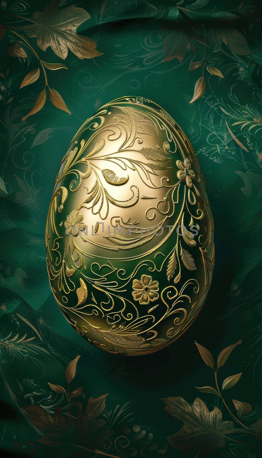 Luxurious easter card design on a rich emerald background with a single golden egg adorned with detailed floral patterns. soft lighting accentuates the egg's features, creating a sophisticated and elegant holiday aesthetic.