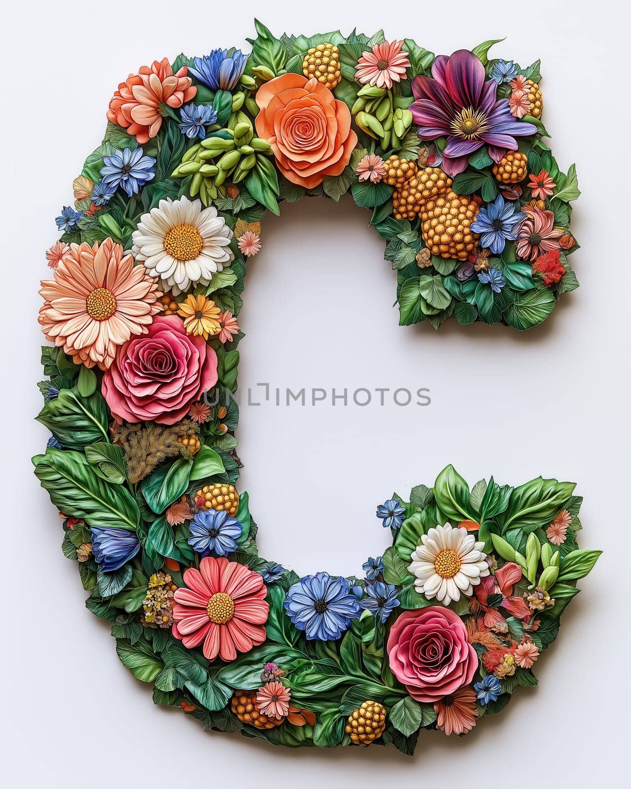 The letter C of colorful flowers on a white background. Selective focus.