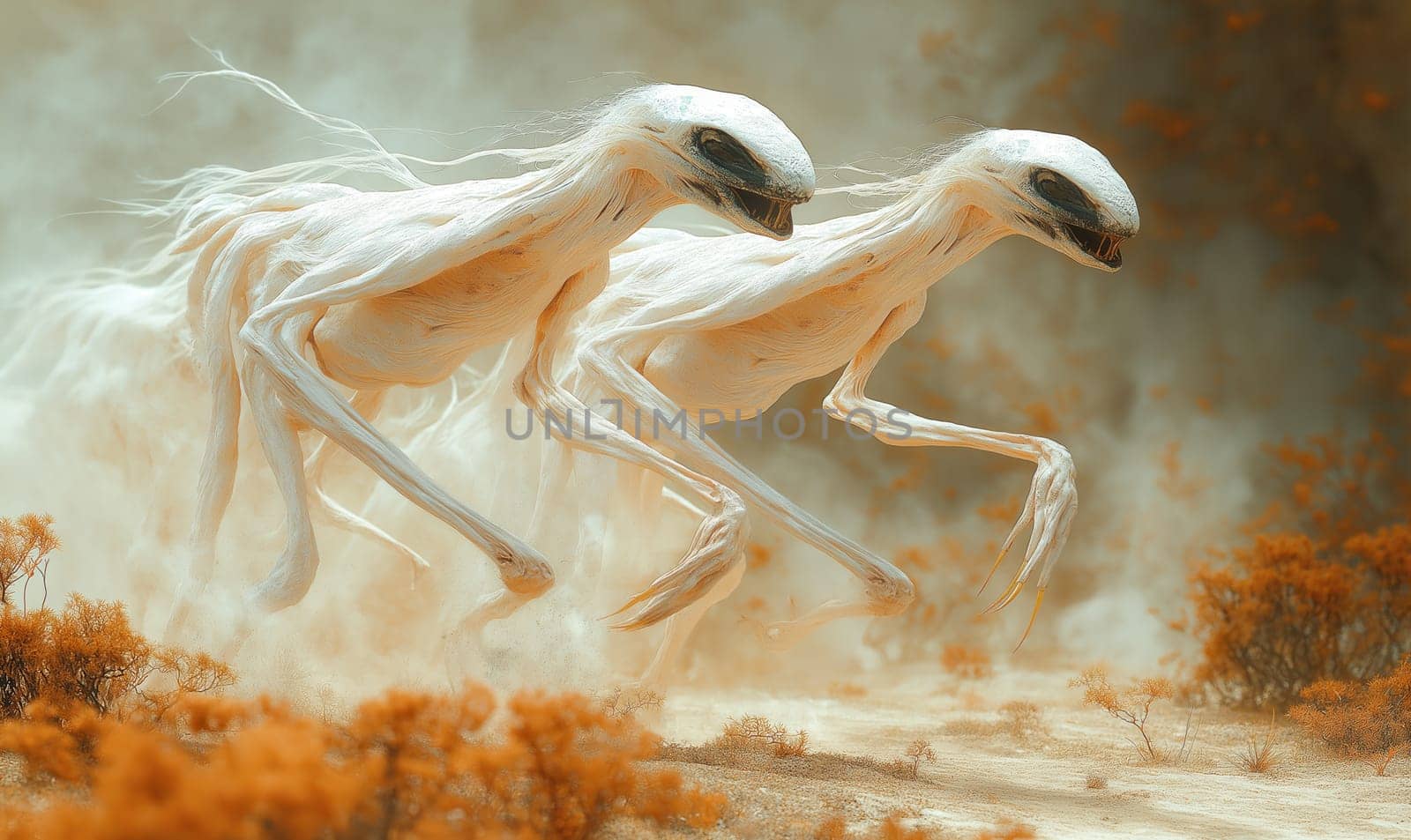 Running wild alien creatures on a blurred landscape. Selective focus.