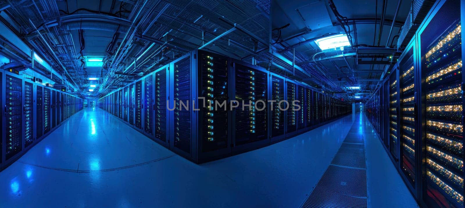 A vast data center featuring countless server racks, illuminated by flashing blue lights. the spacious, futuristic environment highlights constant activity and technological advancement, offering insight into modern computing and data management.
