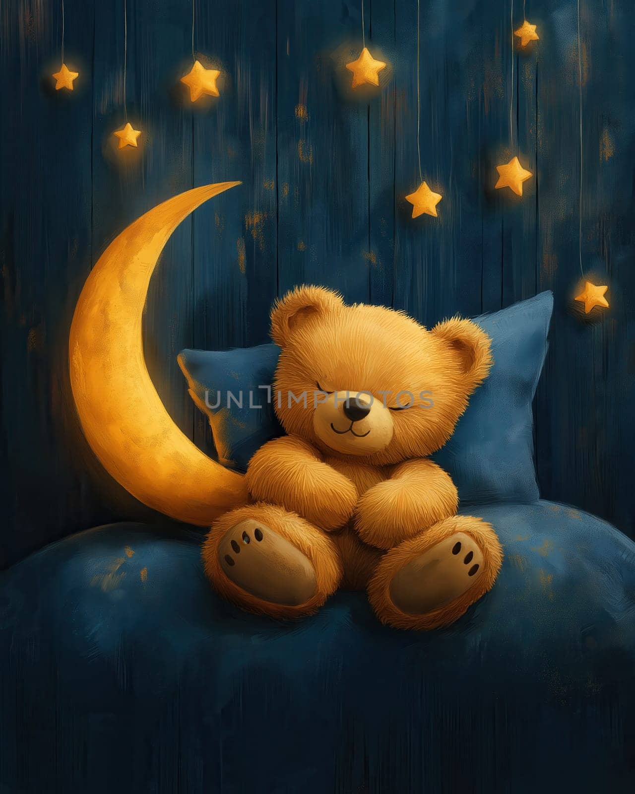 Sleeping cartoon bear against a starry background. Selective focus.