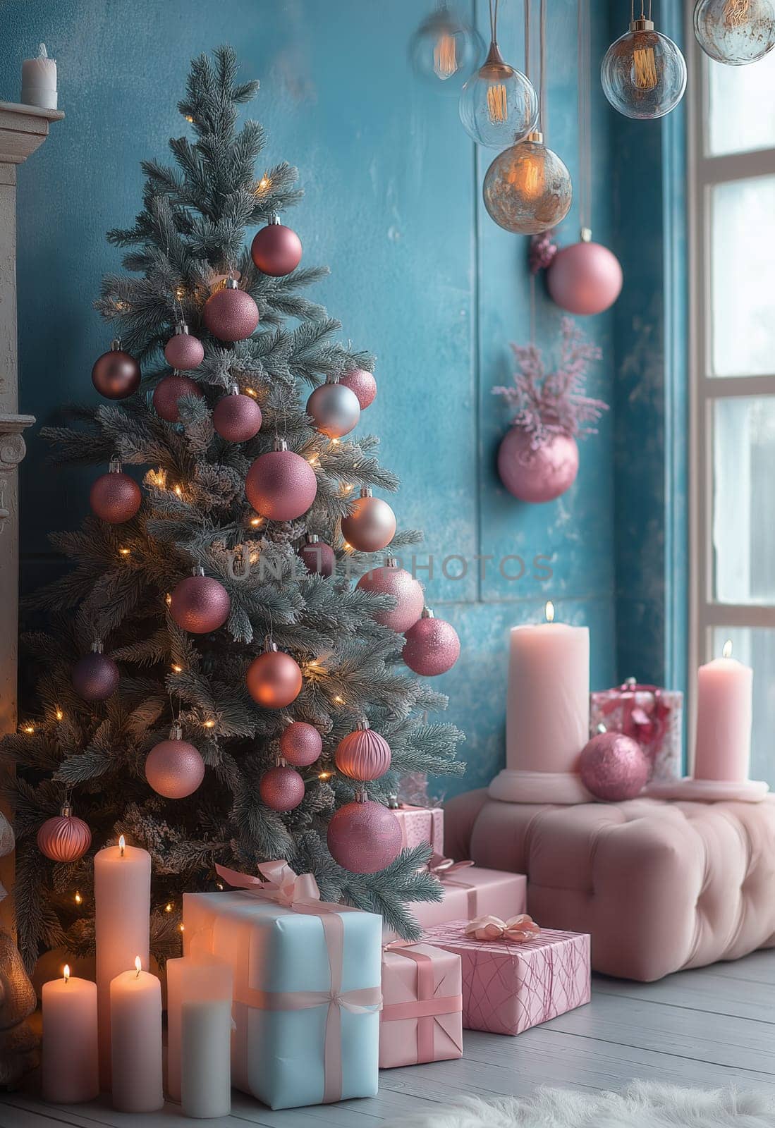 Christmas card in pastel pink. Selective focus.
