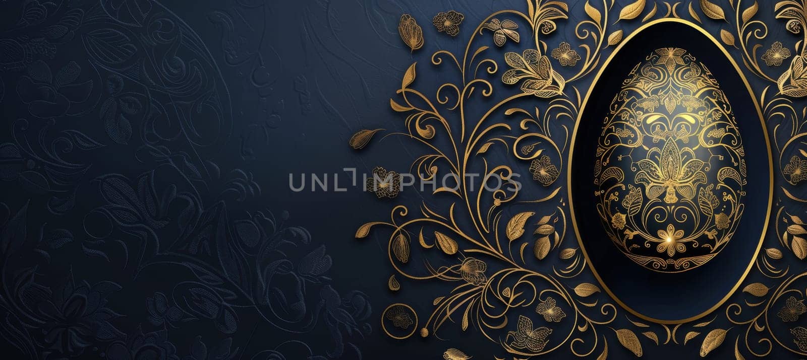 Elegant easter card design featuring a golden egg with detailed floral engravings on a dark royal blue background. the soft illumination highlights the intricate patterns, offering a sophisticated touch with ample space for personalization.