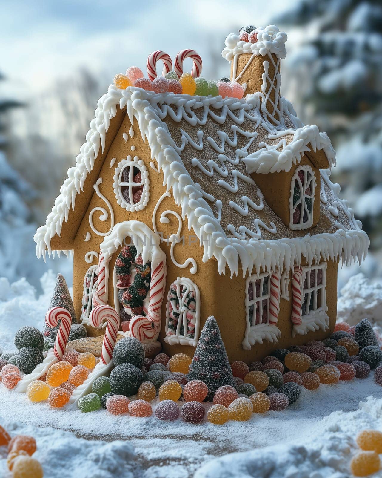 Christmas gingerbread house on an abstract background. Selective focus.