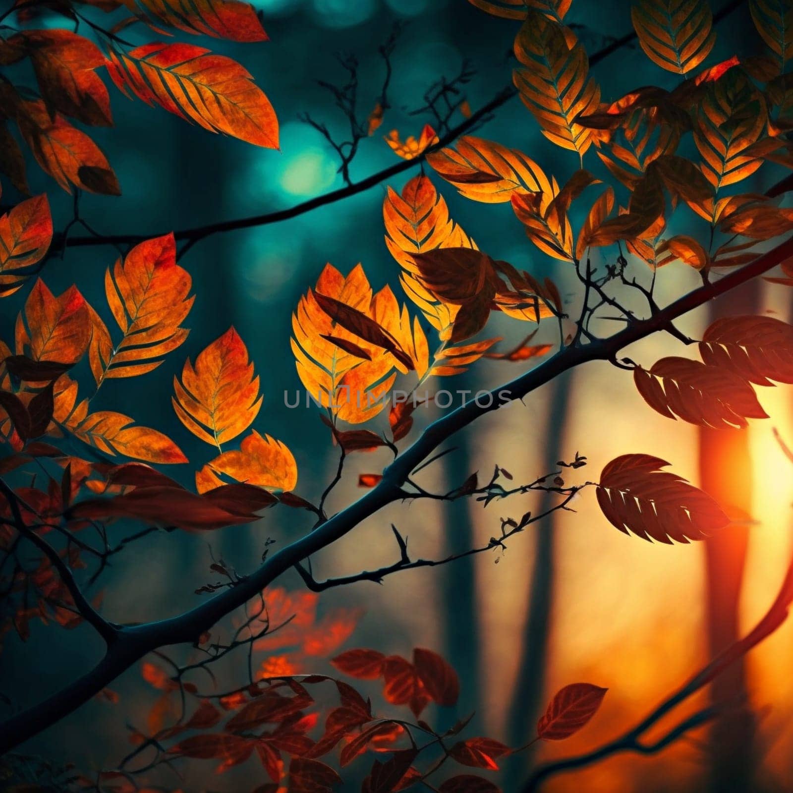 A tree branch with leaves that are orange and blue. The leaves are scattered all over the branch