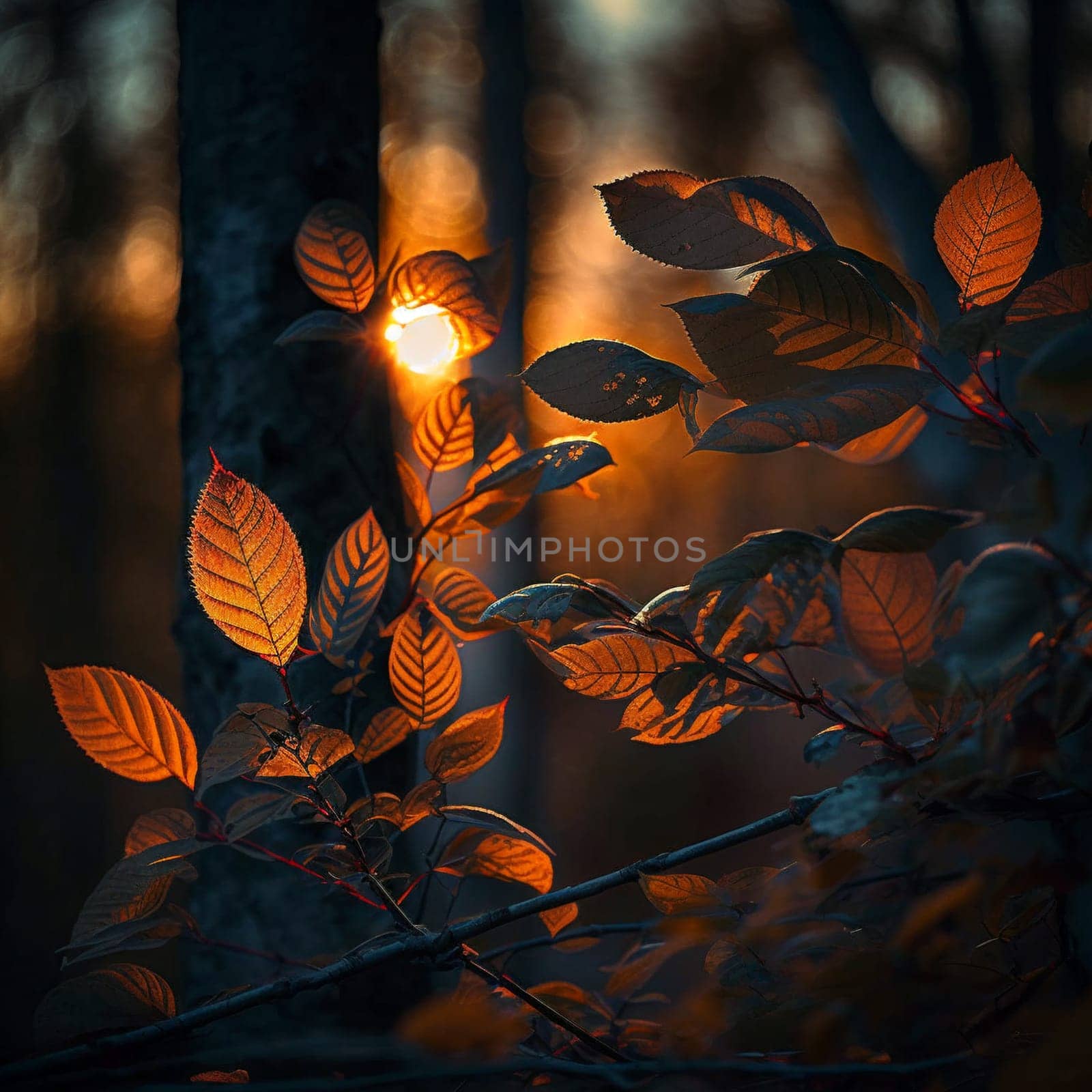 A tree with leaves that are illuminated by the sun. The leaves are a mix of orange and yellow, creating a warm and inviting atmosphere. The sun is shining brightly, casting a golden glow on the leaves