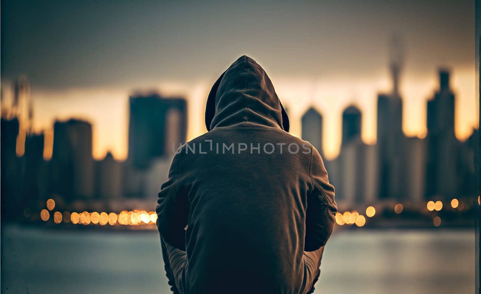 A man is sitting by the water with a hoodie on. The city skyline is in the background