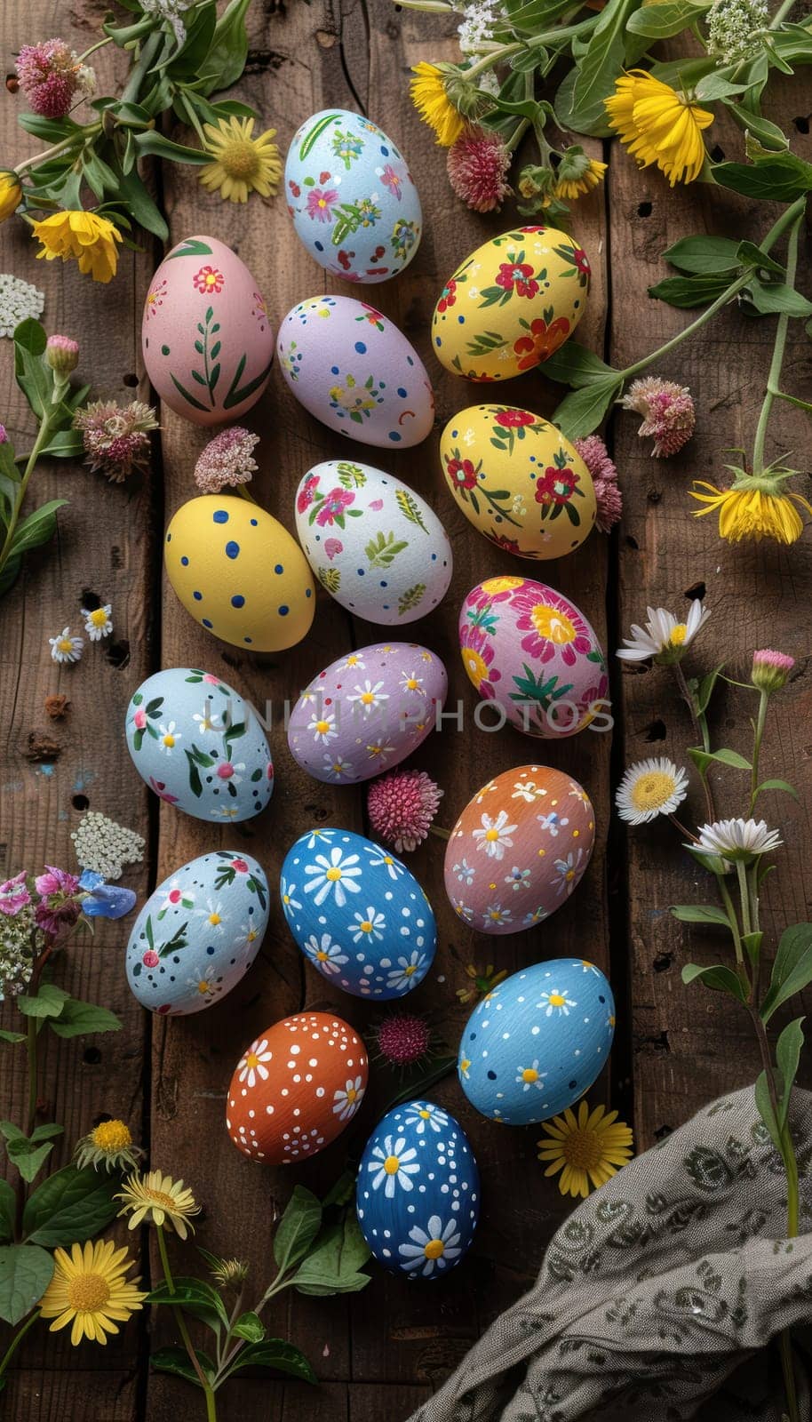 Hand-painted easter eggs arranged on a wooden surface, surrounded by fresh spring flowers. bright, intricate patterns make each egg unique, conveying a festive, cheerful atmosphere ideal for holiday decorations and creative design projects.