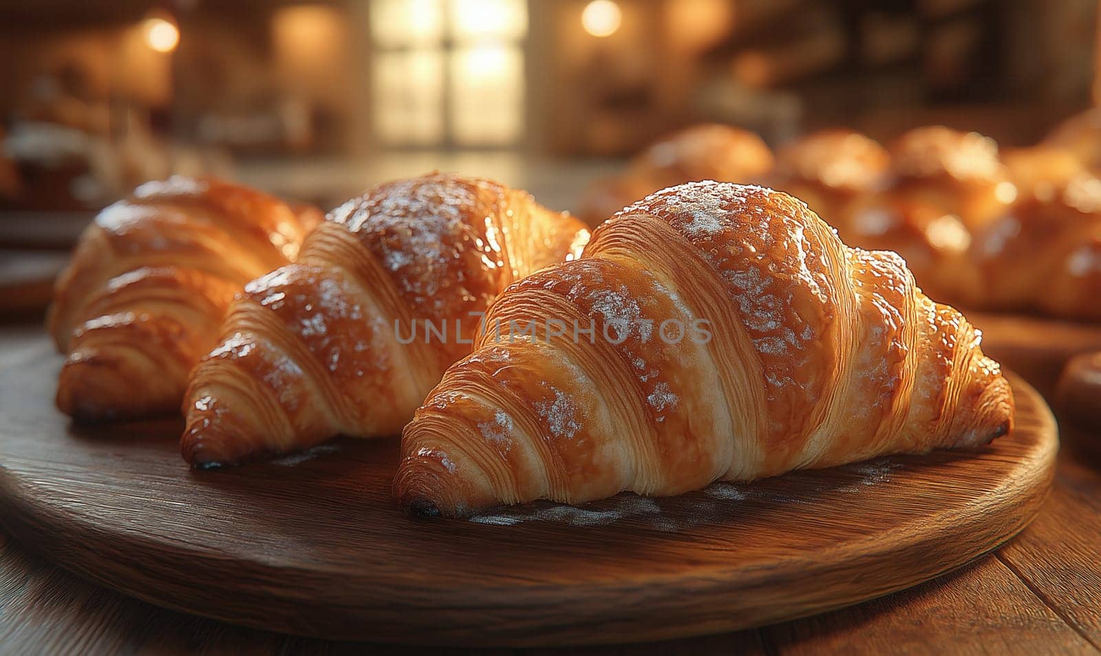 Fresh pastries on the table, golden croissants. Selective focus.