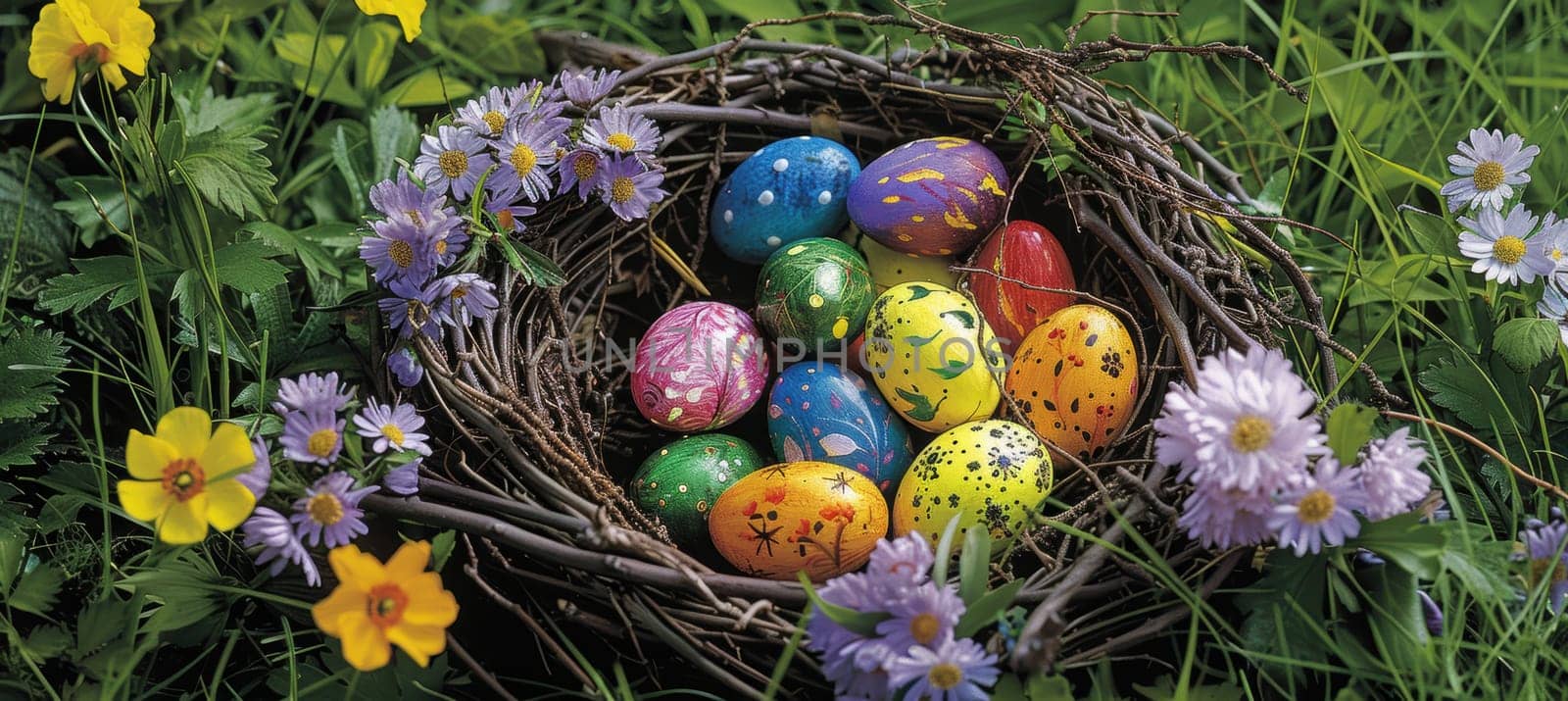 Hand-painted easter eggs rest in a nest of twigs surrounded by blooming spring flowers and verdant greenery. the eggs feature bright colors and intricate patterns, creating a festive and cheerful holiday atmosphere.