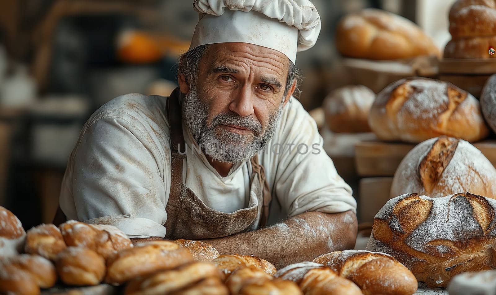 A baker presents a variety of freshly baked breads on the counter. Selective focus.