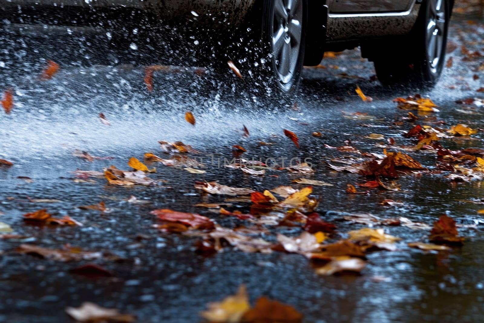 Safe journey: vehicle cautiously navigating a damp roadway, emphasizing the importance of driving safety and vehicle control on slippery surfaces while adapting to challenging wet road conditions