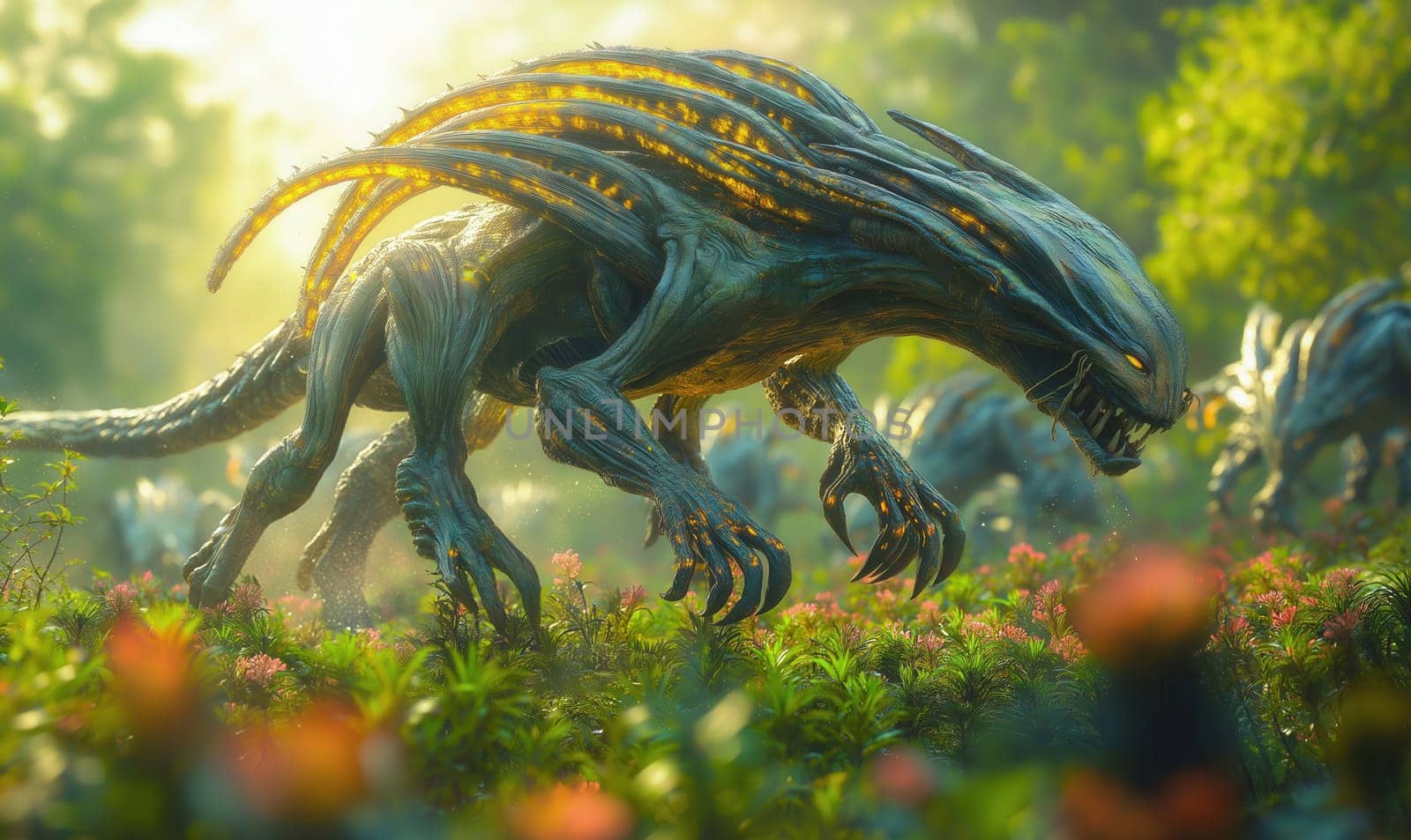 Running wild alien creatures on a blurred landscape. Selective focus.
