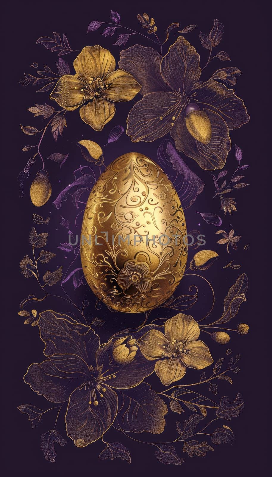 Luxurious design featuring a single golden egg adorned with ornate details and surrounded by intricate golden floral patterns on a deep purple background. perfect for creating elegant easter cards or sophisticated print designs.