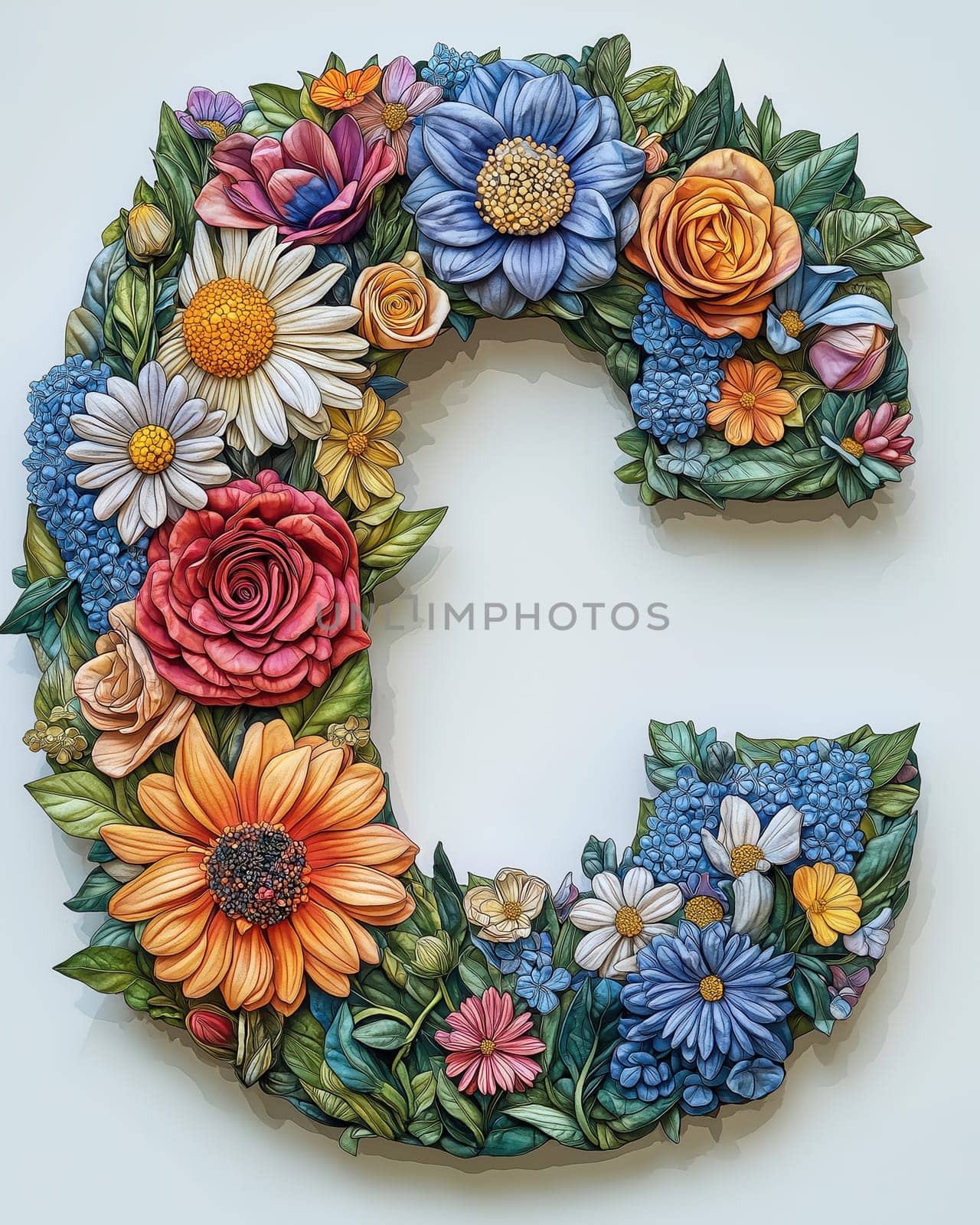 The letter C of colorful flowers on a white background. Selective focus.