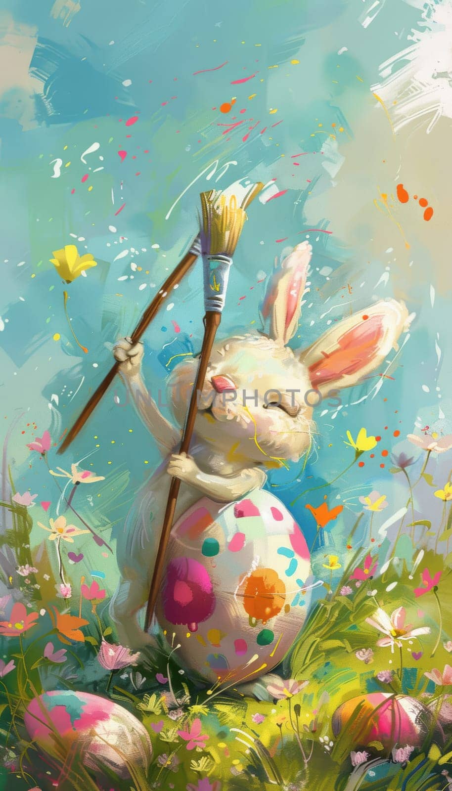 A whimsical easter card showcasing a cartoon-style bunny joyfully painting a giant egg with a large paintbrush. the vibrant background is filled with spring flowers and splashes of color, creating a lively and festive atmosphere.