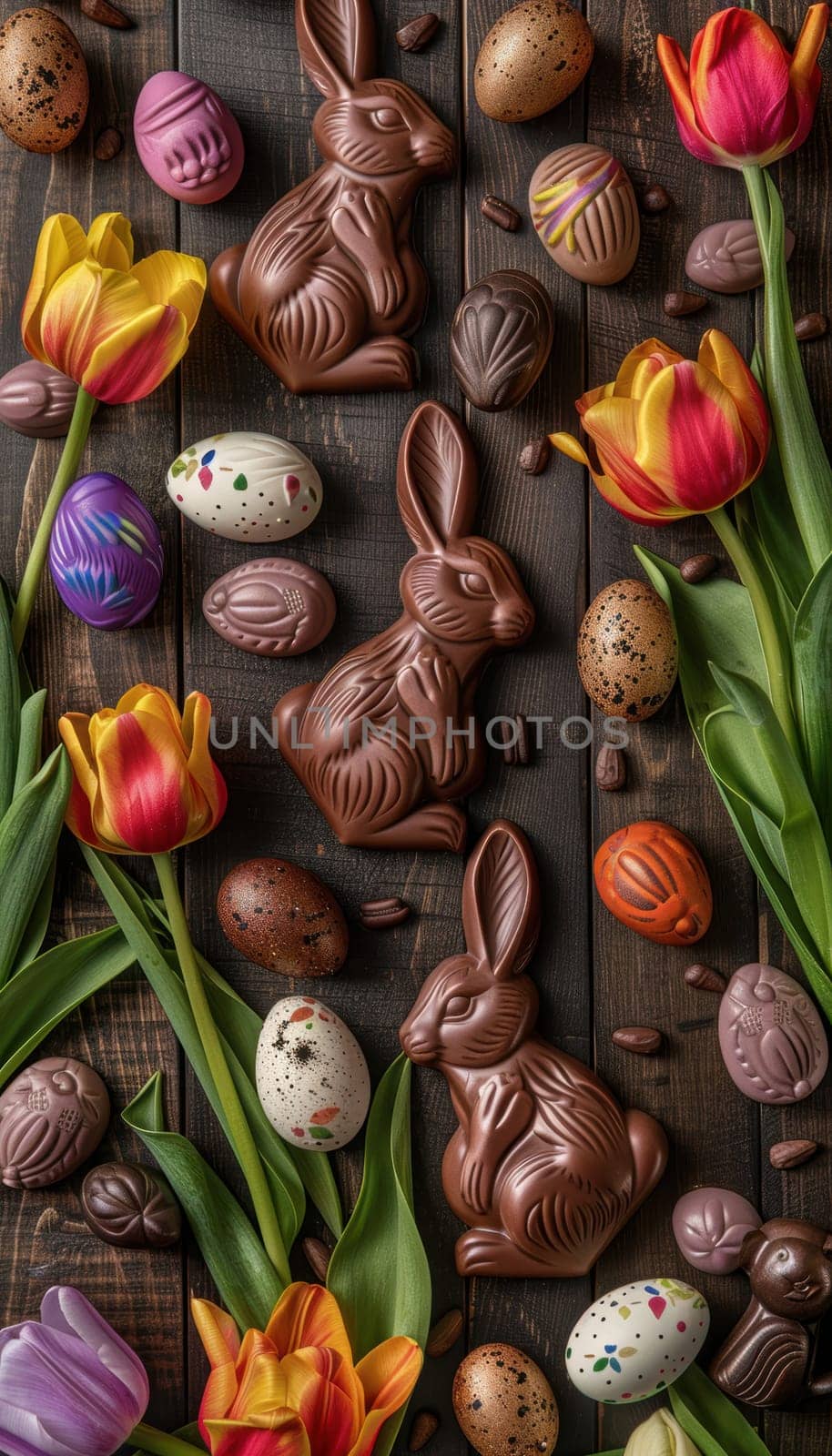 Festive composition featuring chocolate bunnies, vibrant eggs, and fresh tulips on a wooden surface. the playful arrangement is perfect for easter-themed designs, spring colors and textures while leaving space for text.