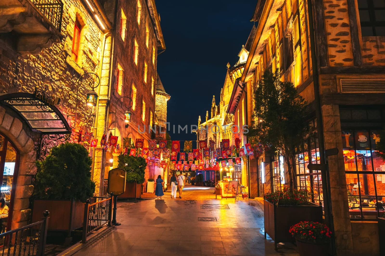 Streets of the medieval stone town in Ba Na Hills Park in Da Nang in Vietnam at night