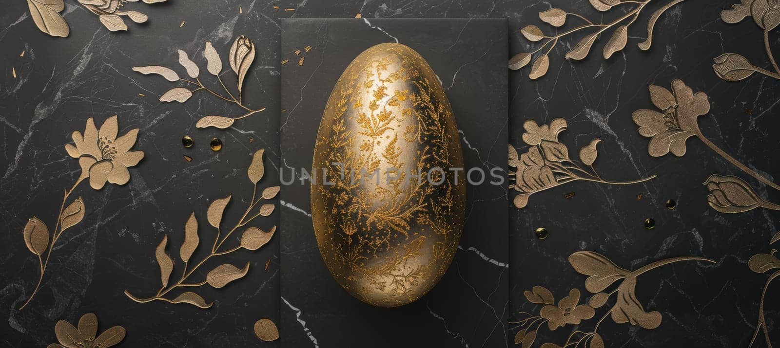 A sophisticated easter card showcasing a matte gold egg atop polished marble, surrounded by intricate gold floral engravings. the deep black background enhances the luxurious feel, perfect for a premium print or elegant easter celebration.