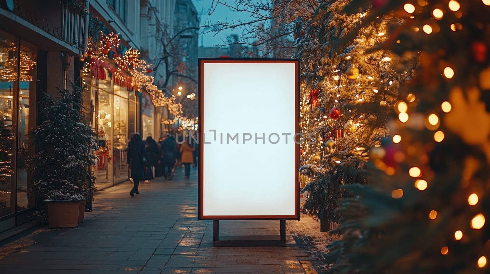 stylish blank menu board stands amidst festive Christmas decorations, surrounded by twinkling lights and holiday cheer, inviting shoppers to explore.