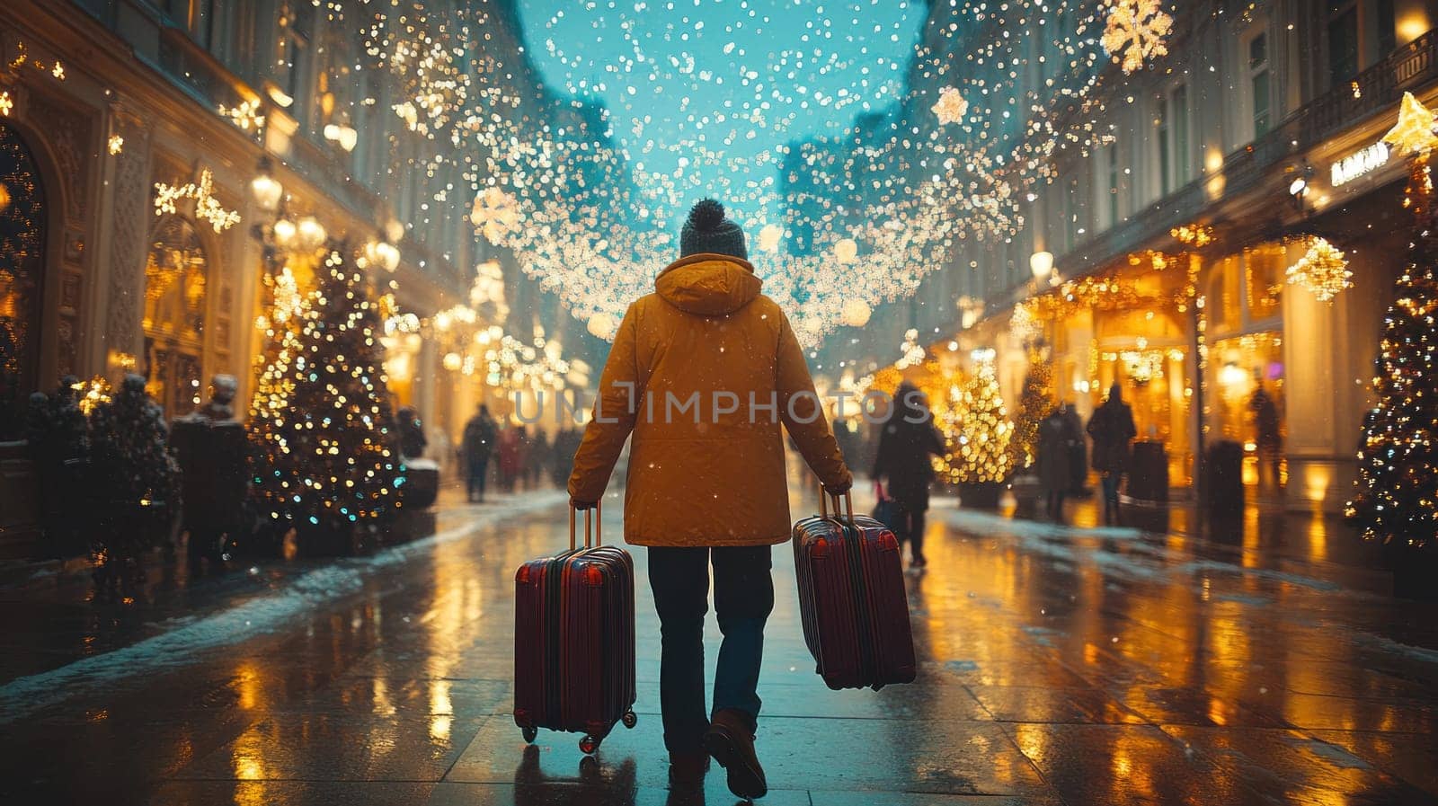 City street scene with people carrying luggage during festive season, illuminated by holiday lights and decorations, creating joyful atmosphere.
