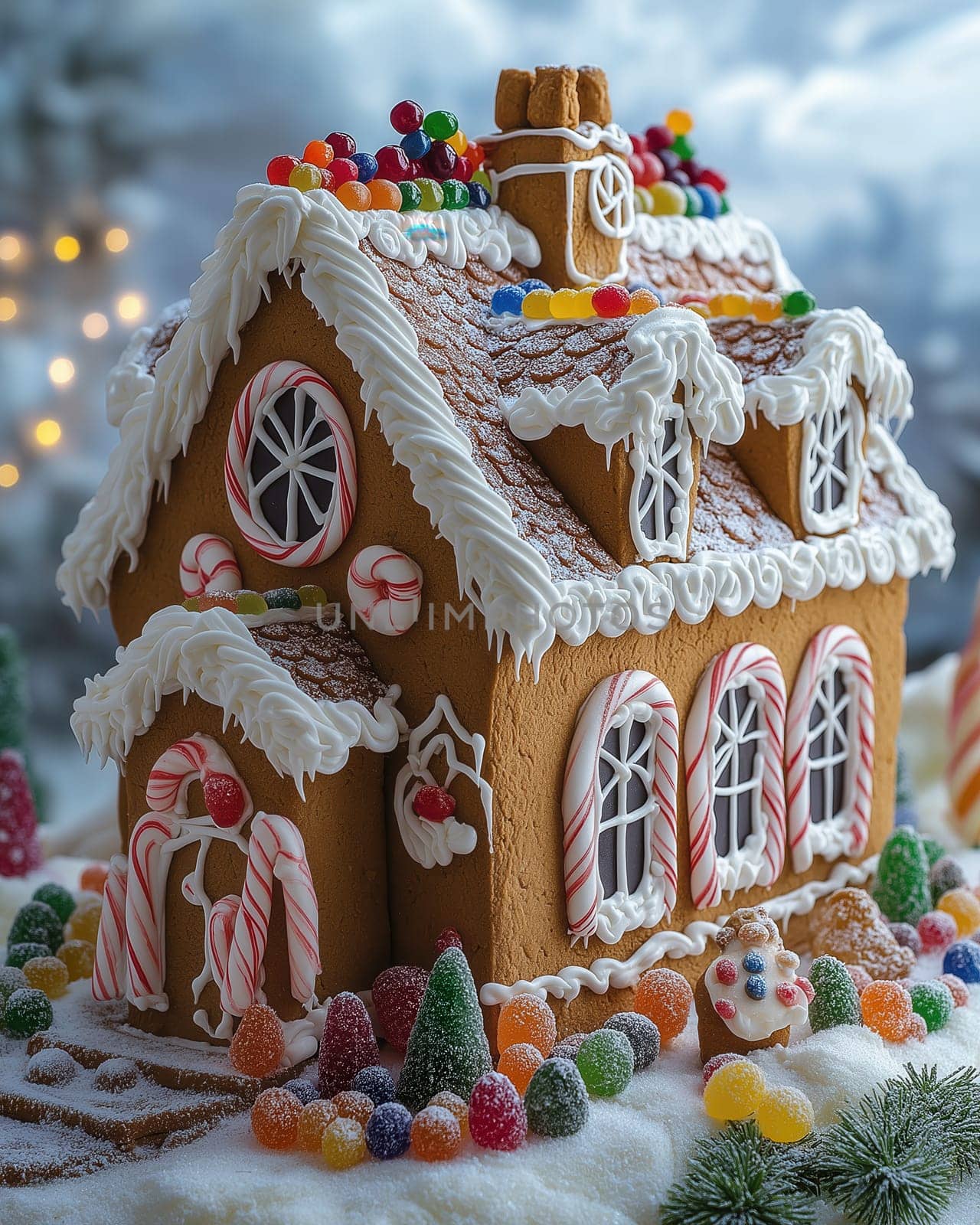 Christmas gingerbread house on an abstract background. Selective focus.
