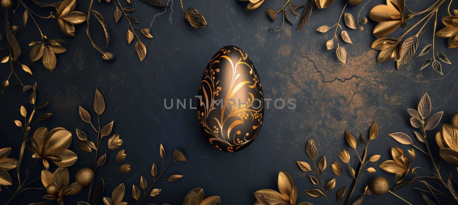 A sophisticated easter card design features a central golden egg on a dark background surrounded by intricate gold floral patterns. the luxurious artwork combines elements of elegance and festive charm, perfect for holiday greetings.