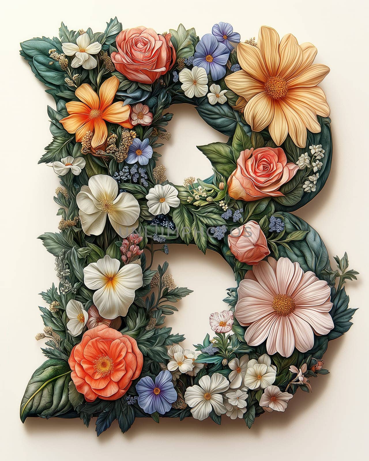 The letter B of colorful flowers on a white background. Selective focus.
