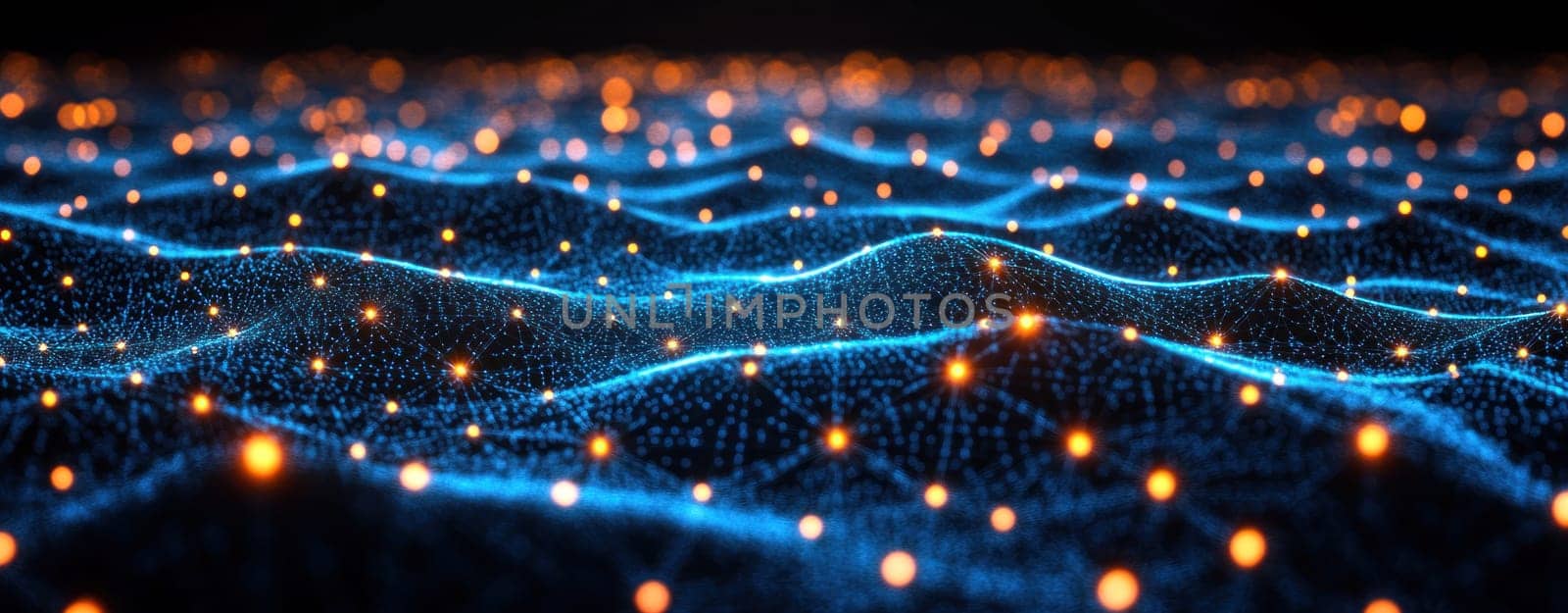 Glowing lines and nodes create vibrant cyber network on dark background, evoking sense of depth and connectivity in digital landscape.